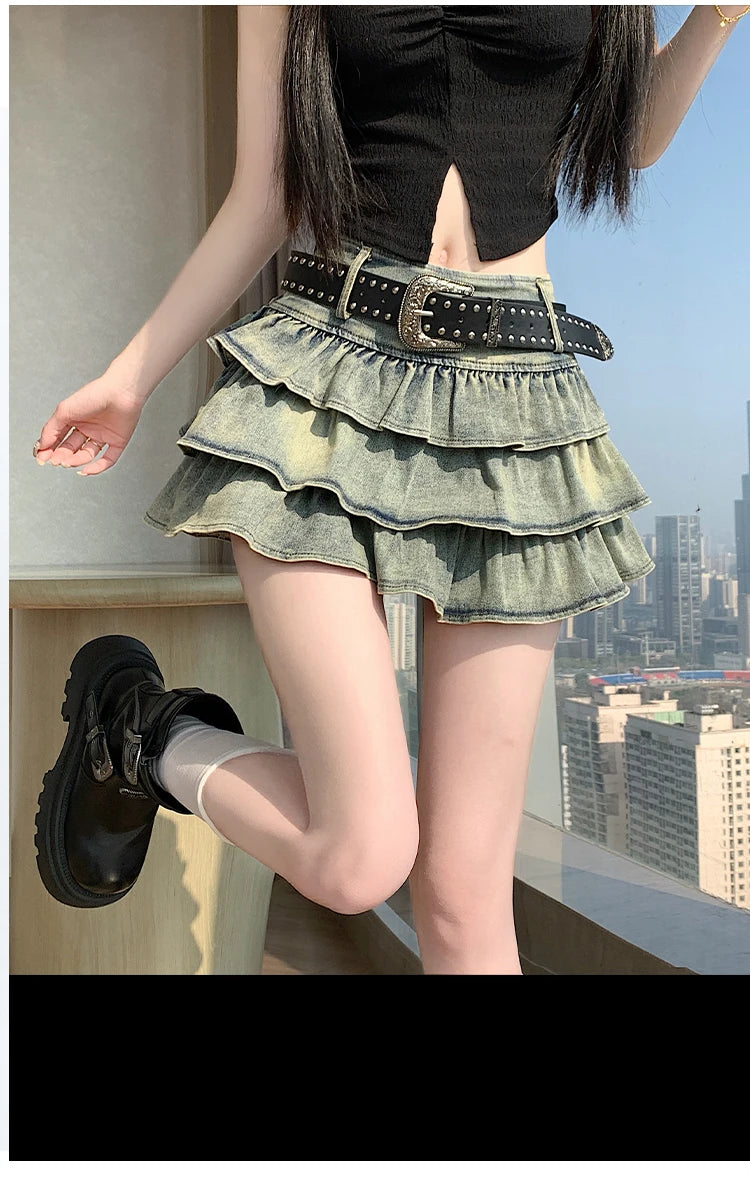 Seoulish American Style Hot Girl Denim Skirt 2026 New Summer Stretch Cake Layer Pleated Skirt High Waist Jeans Mini Skirts Women