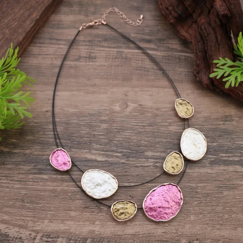 Bohemian Irregular Enamel Necklace Rose Gold Plated Multicolored Disc Double-Layer Necklace Adjustable Chain Jewelry Gift