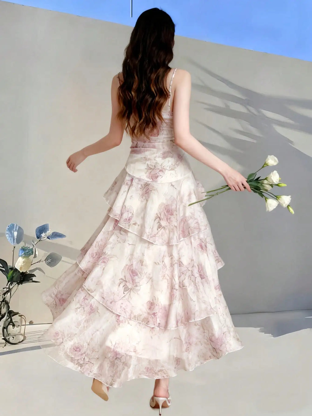 Women 2026 Summer Light Pink Floral Cami Tiered Chiffon Maxi Dress Spaghetti Strap Split Flowy Dress Wedding Guest Party