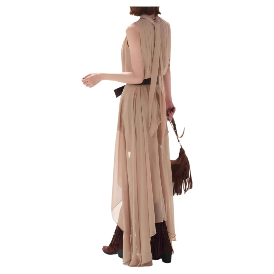 Elegant Casual Sleeveless Chiffon Vest Dress Original Design Long Skirt Drifting Hemline Polyester Fabric Shirt Pattern Stitc...