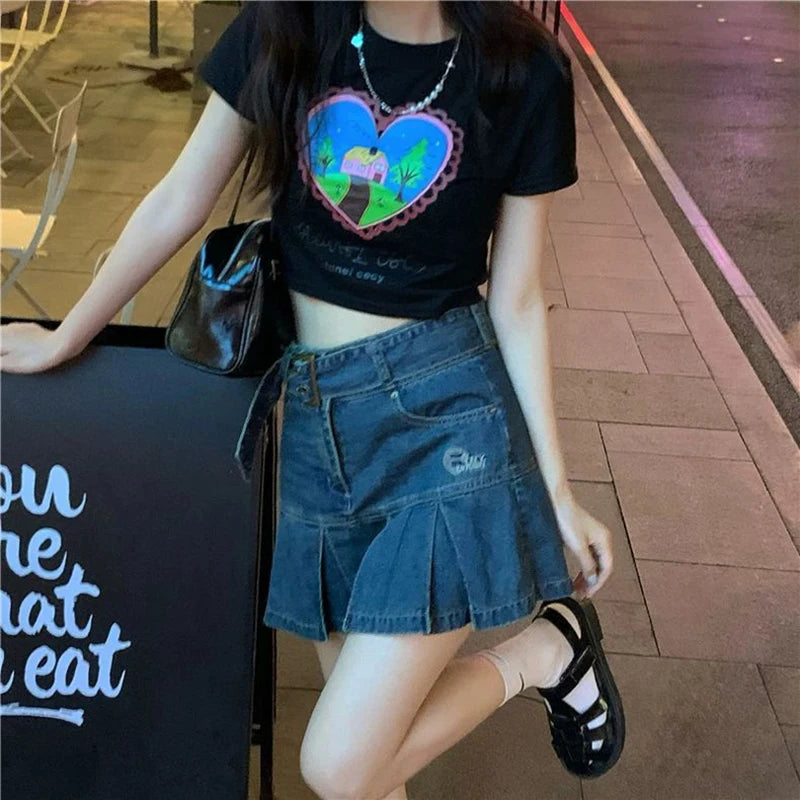 Korean Blue Denim Skirt Women Harajuku Y2K Pleated Mini Skirt Street Vintage Preppy Style High Waisted Embroidery Skirt