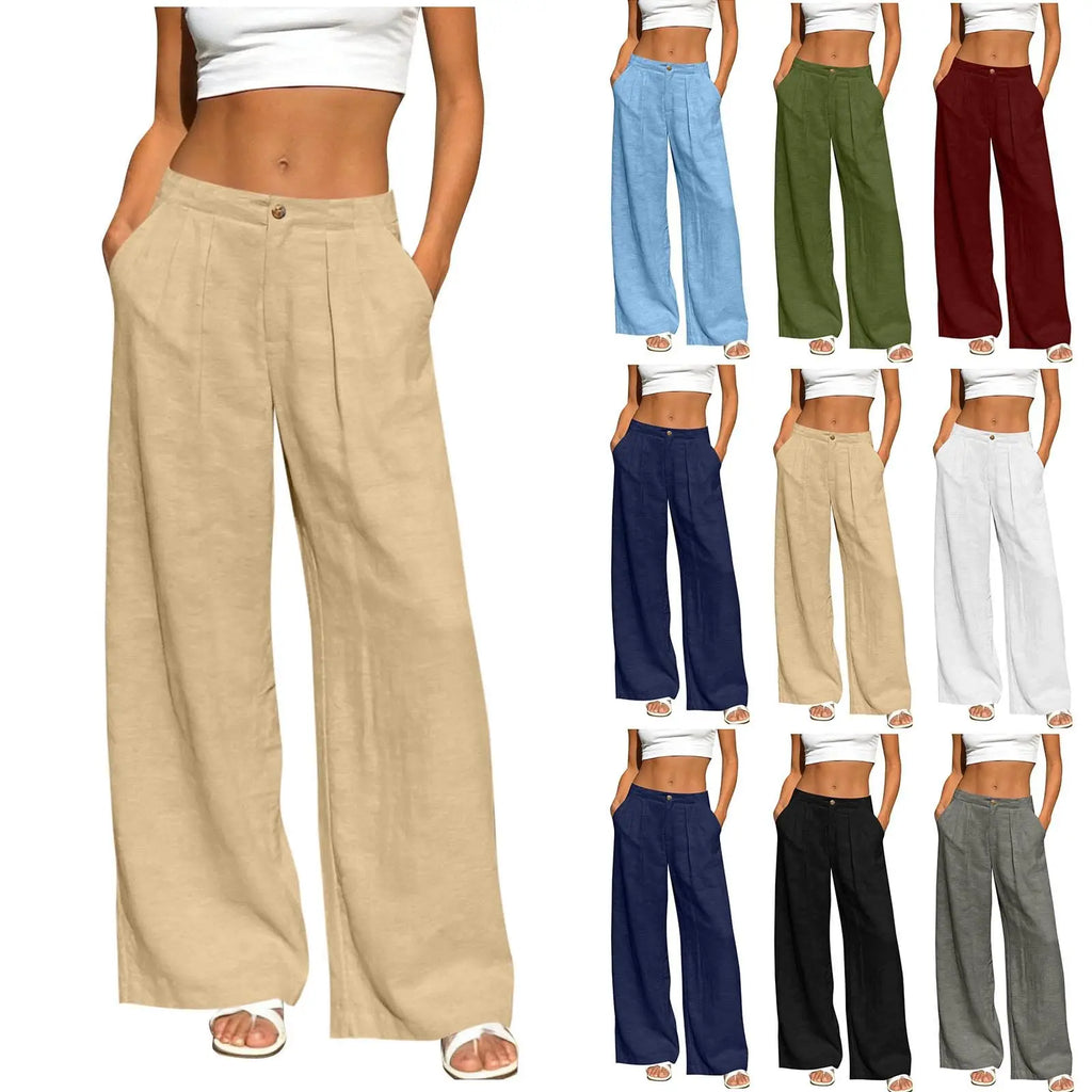 Women's Wide Leg Trousers - Lightweight Solid Casual Pants with Pockets