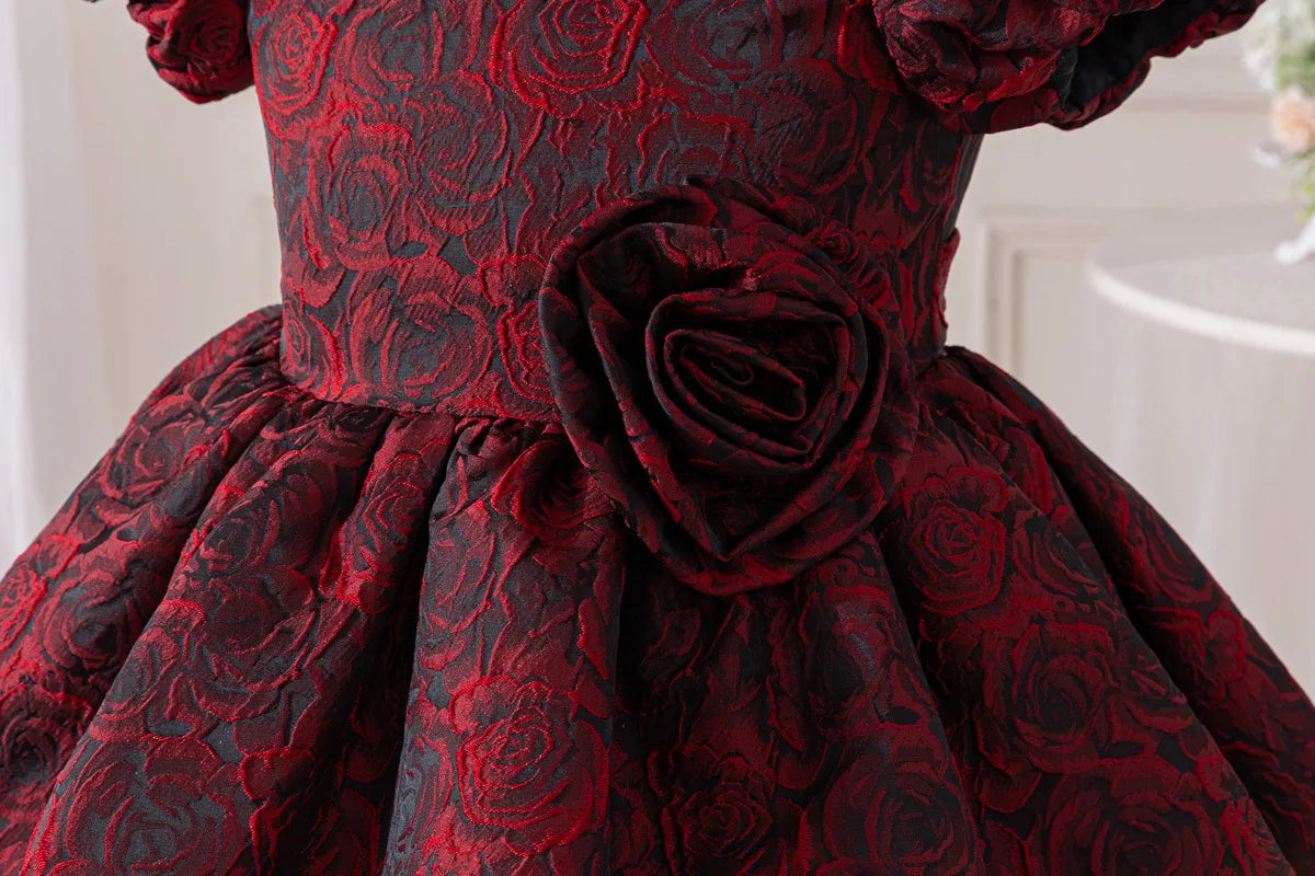 HETISO Rose Floral Kids Girls Party Dresses Elegant Princess Tulle Children Ball Gown for Christmas Wedding Birthday