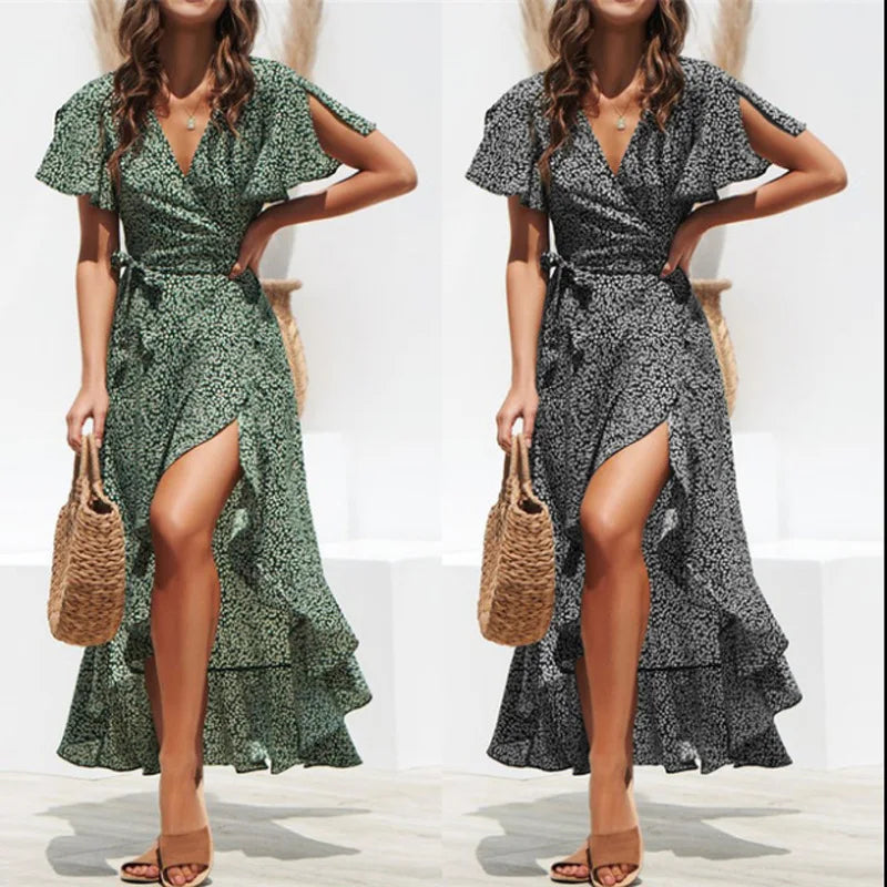 Bohemian Sexy V-Neck Irregular High Waist Lace-up Chiffon Print Dress Casual Beach Long Dress Women Summer Dresses