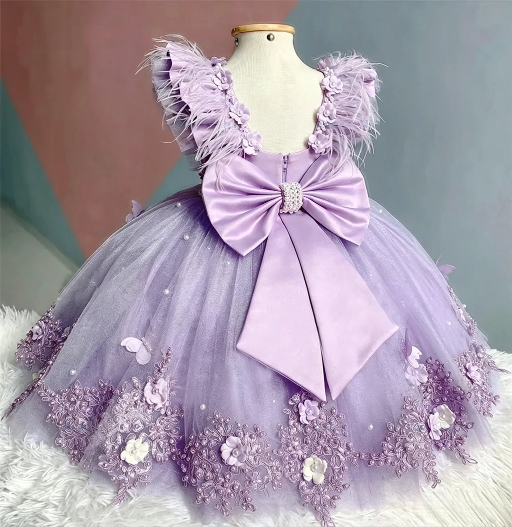 Girl Baby Tulle Fluffy Dress 3D Butterfly Pearl Feather Puffy Ball Gown Flower Girl Dresses for Wedding Birthday Party Pageant
