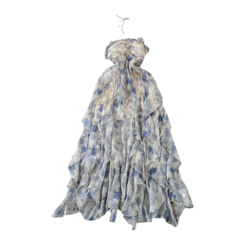 Fashionable Beach Vacation Strapless Backless Slimming Print Chiffon Dress with Ruffle Hem Gradient Coloring Knitted Fabric