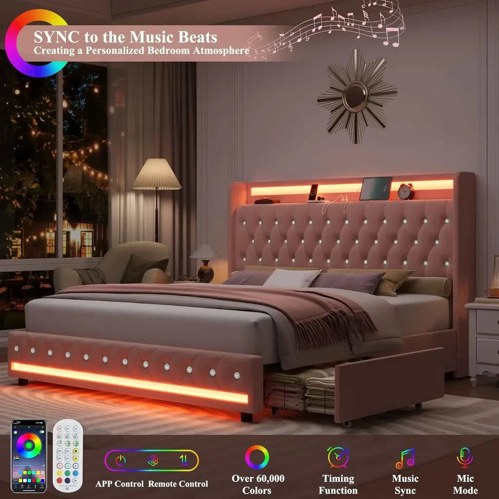 Upholstered Queen LED Bed Frame with Charging Station and 2 Storage Drawers Velvet Crystal Button Tufted Wingback Headboard