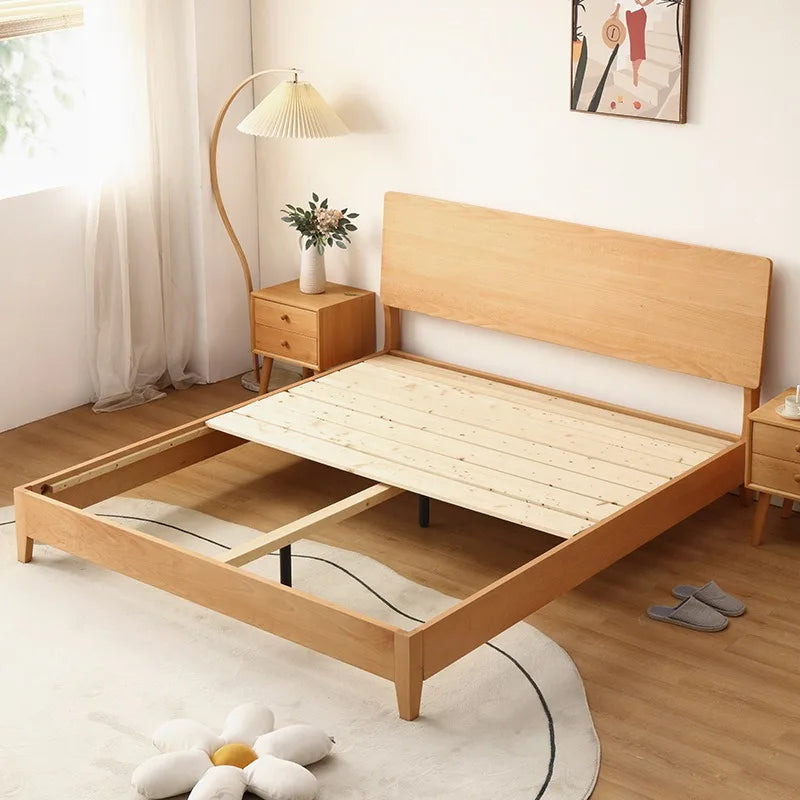 Japandi Beech Solid Wood Bed With Headboard, Japanese Log Low Bed Frame, Single Double Platform Bed For Small Bedroom Furniture