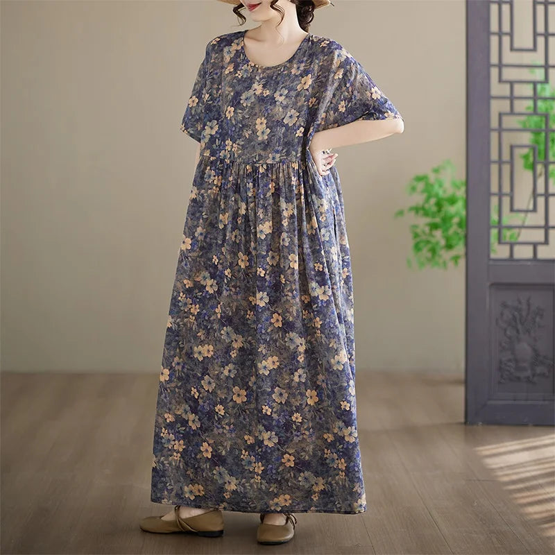 Anteef Women's Vintage Floral Cotton Maxi Dress - Short Sleeve Loose