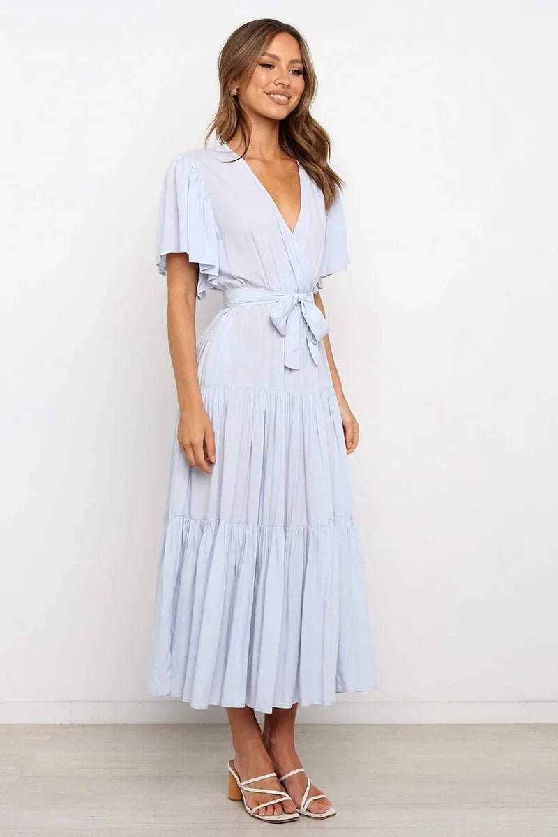 Summer Bohemian Long Dress Pure Color V-Neck Short Sleeve Empire Waist Design Floor Length with Belt Loose Fit Women's Dress