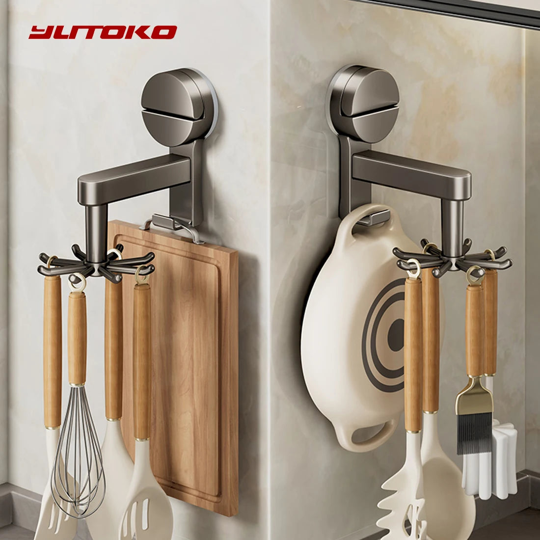 YUTOKO 360 Rotating Suction Cup Hooks Wall Mounted for Kitchen Utensil Organizer Spatula Spoon Holder No Drill Anti Drop Rack