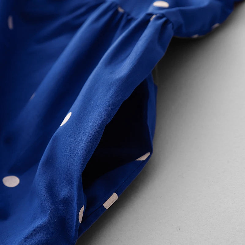 High-End Blue Pure Cotton Floral Print Dress Women's Summer 2025 round Neck Long Dress Polka Dot Skirt Comfortable A-Line