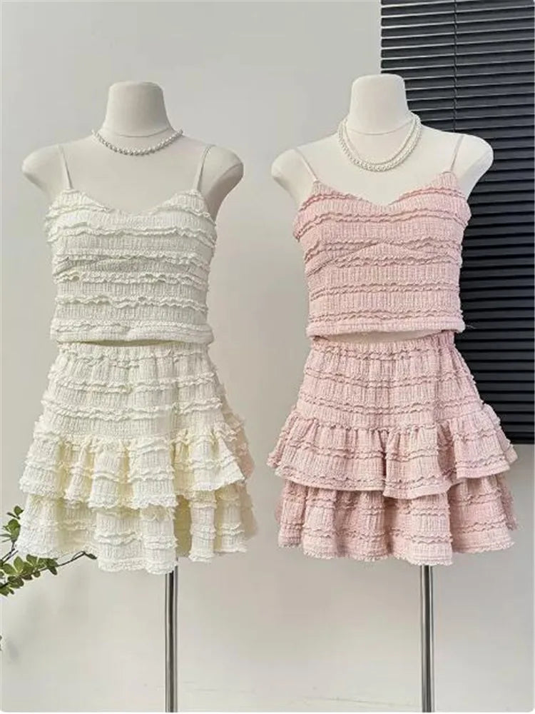 Small Girl Fashion Short Black Pink White 2 Piece Dress Sets 2pc Summer Sexy V Neck Camis Vest Top&Ruffles Cake Mini Skirt Suits