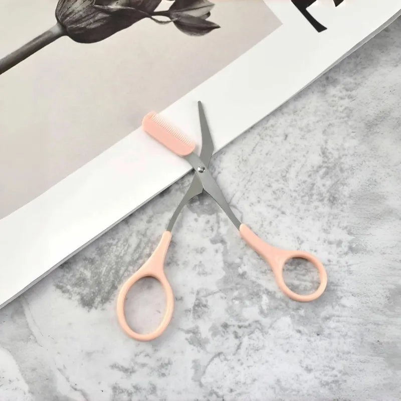 1 Pcs Pink Eyebrow Trimming Scissors with Built-in Comb - Stainless Steel, Precise Grooming Tool, Creating Perfect Eyebrows