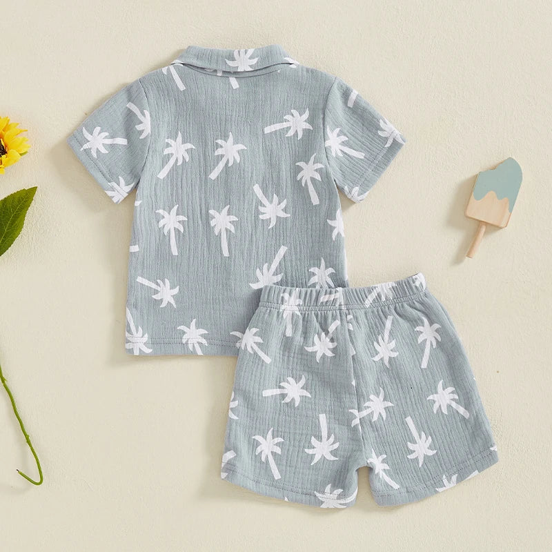 Palm Tree Print Baby Boys Summer Outfit Two Piece Set Button Up Shirt And Elastic Shorts