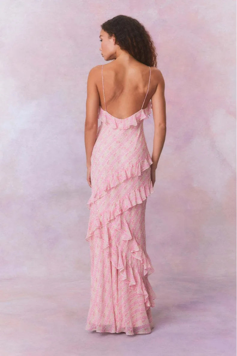 Lotus Leaf Edge French Floral Backless Dress Slim Fit Chiffon Solid Color Holiday Party Birthday Party Long Dress