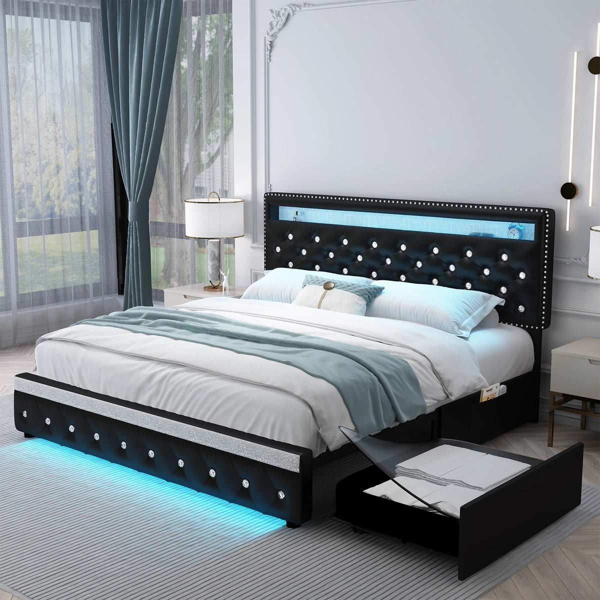 SIBEDS Queen Upholstered Platform Bed Frame with LED Lights and 2 Storage Drawers, Crystal Button Tufted Headboard, Height Adjustable Design, Side Pockets, Solid Slats Support, No Box Spring Needed