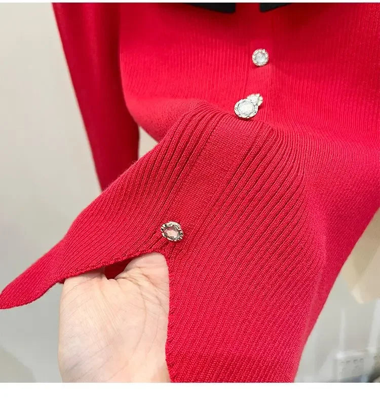 Women's Knitted Short Sweater Square Collar Base Shirt Color Collision Design Sensation Autumn Winter Special Edition Top