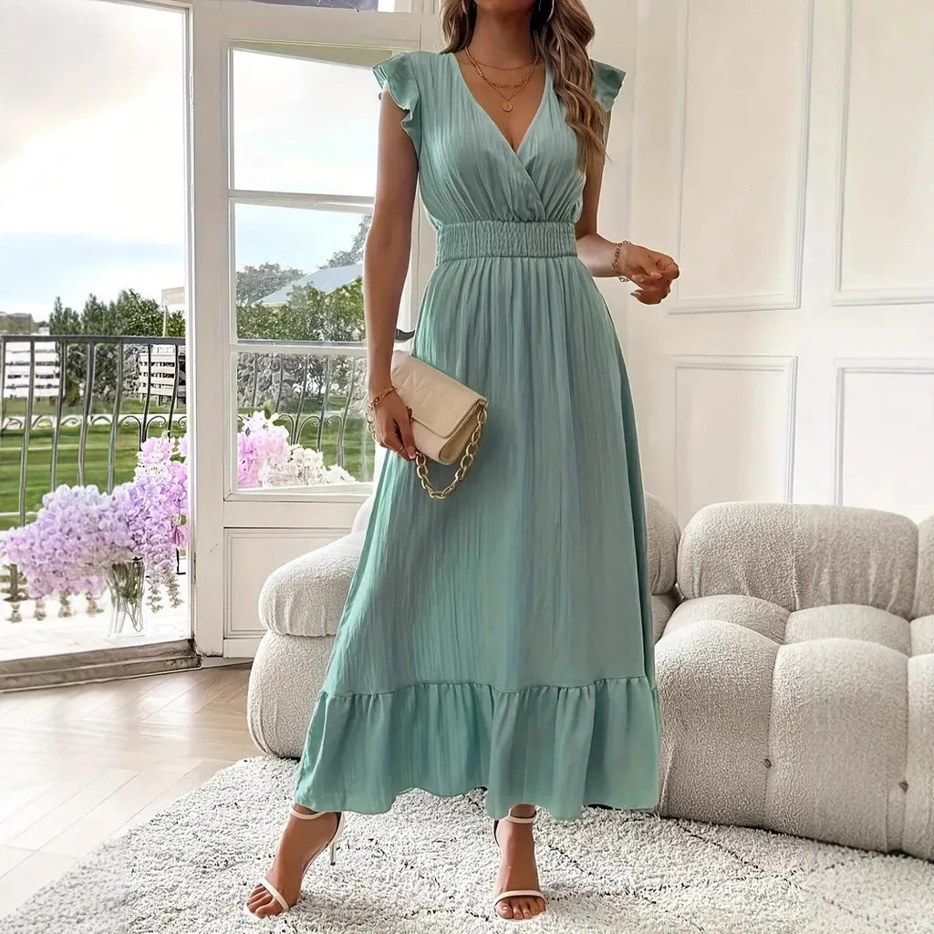 Women's Fashionable Elegant and Casual Long Ruffled Sleeves and Elegant Commuting V-neck Solid Color Pleated Splicing Slim Dress