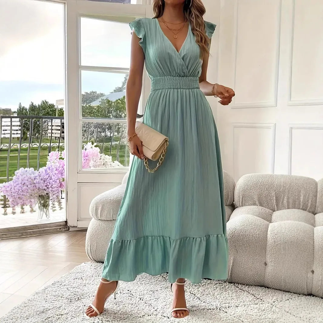 Women's Fashionable Elegant and Casual Long Ruffled Sleeves and Elegant Commuting V-neck Solid Color Pleated Splicing Slim Dress