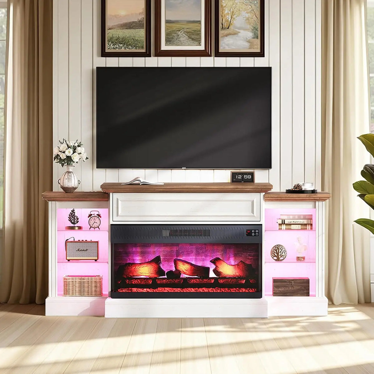Farmhouse 60" Fireplace TV Stand with 28" Electric Fireplace | 3-Sided Electric Fireplace, Media Entertainment, Customized