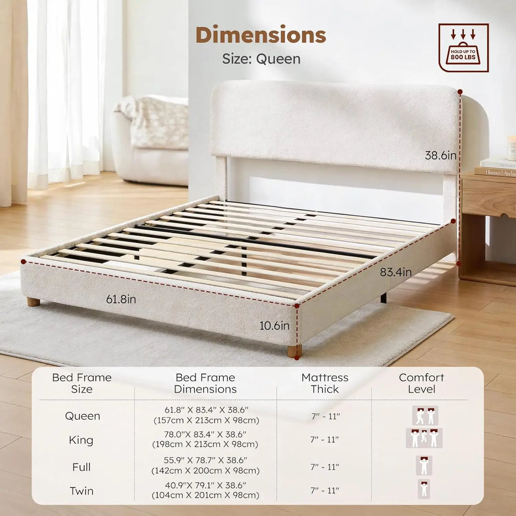 Queen Size Cloud Bed Frame, Soft Boucle Bed Frame with Adjustable Headboard, Solid Wood Legs, Rounded Corners, Customized