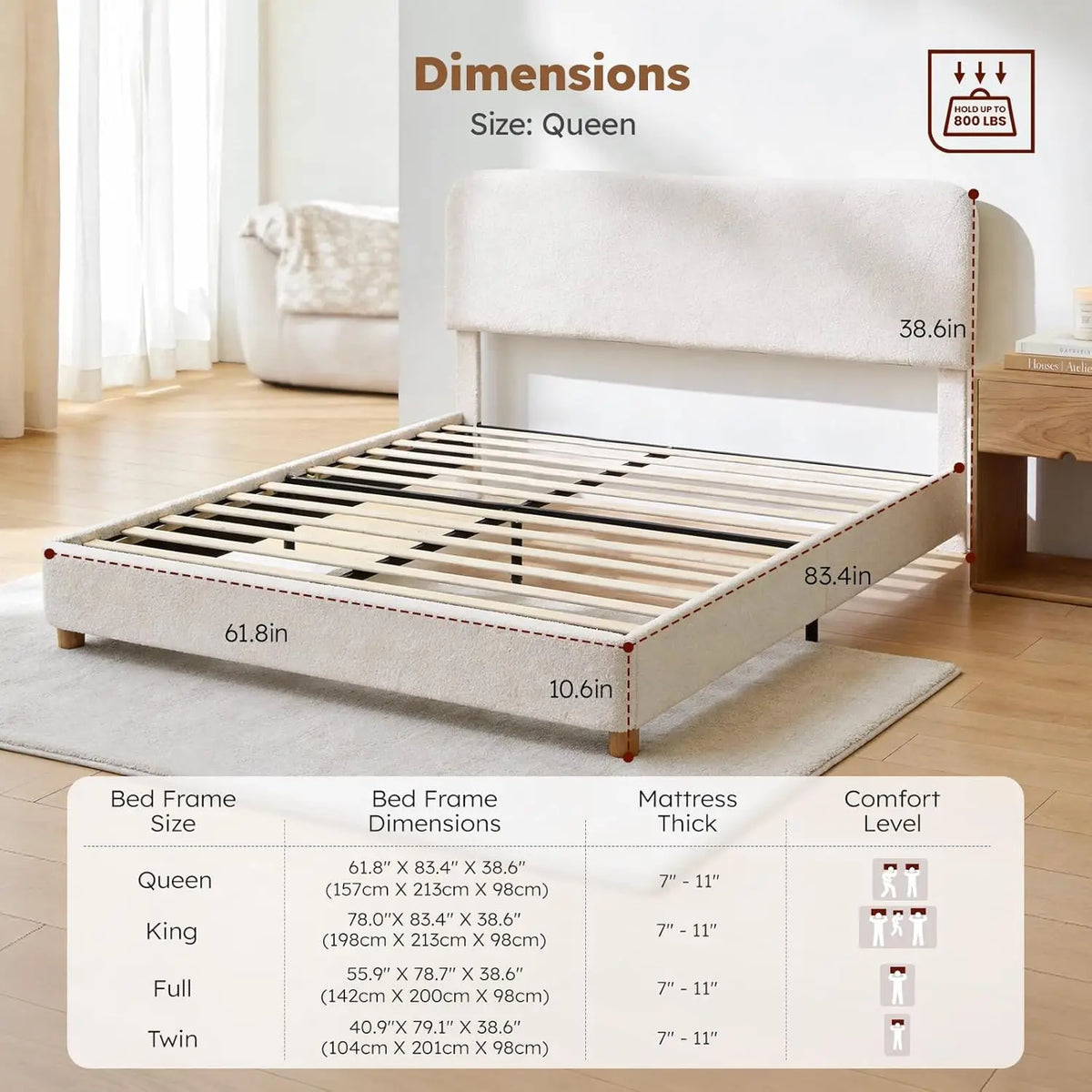 Queen Size Cloud Bed Frame, Soft Boucle Bed Frame with Adjustable Headboard, Solid Wood Legs, Rounded Corners, Customized