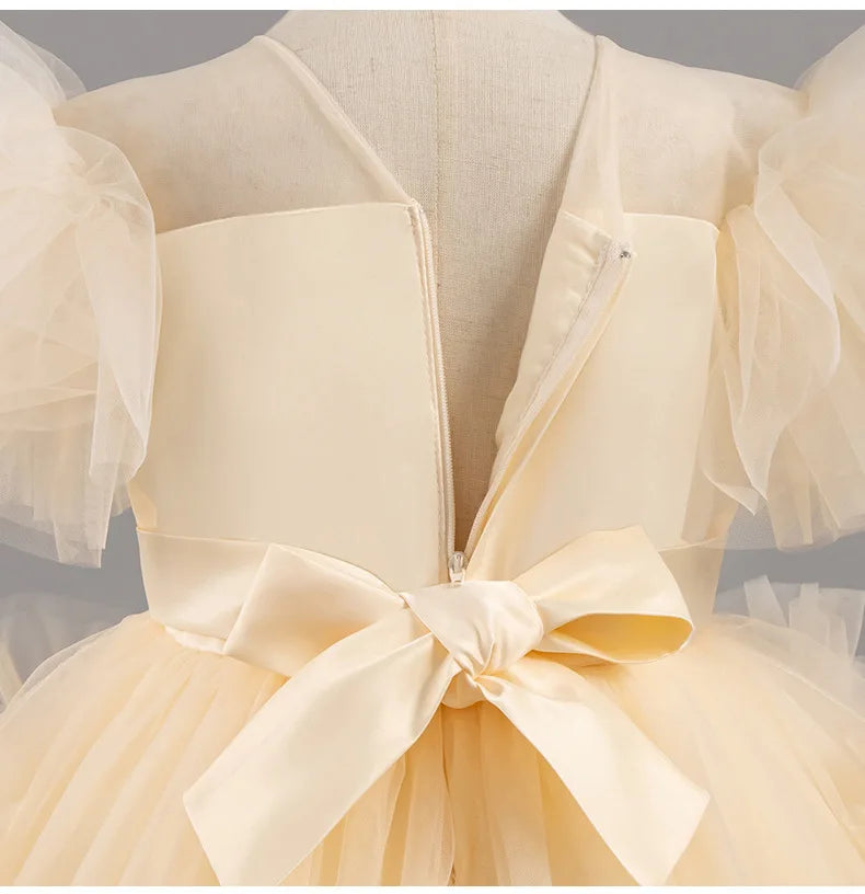 HETISO Girls Elegant Trailing White Dress Flower Appliques Kids Weddings Birthday Party Gown