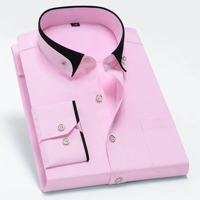 For Men'S Business Dress Shirts Male Formal Button-Down Social Collar Camisa Social Elastic Anti-Wrinkle Casual Men Shirt Pocket
