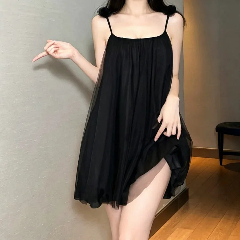 Sweet Cute Women Summer Nightgown Solid Spaghetti Strap Flower Design Sleep Dress Ladies Koran Style New Homewear Loungewear