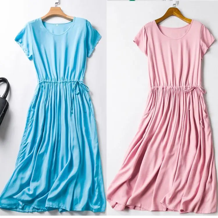 Cotton Silk Dress Women's Short Sleeved 2026 Summer New Ladies Slim Round Neck Temperament Beach Print Dresses