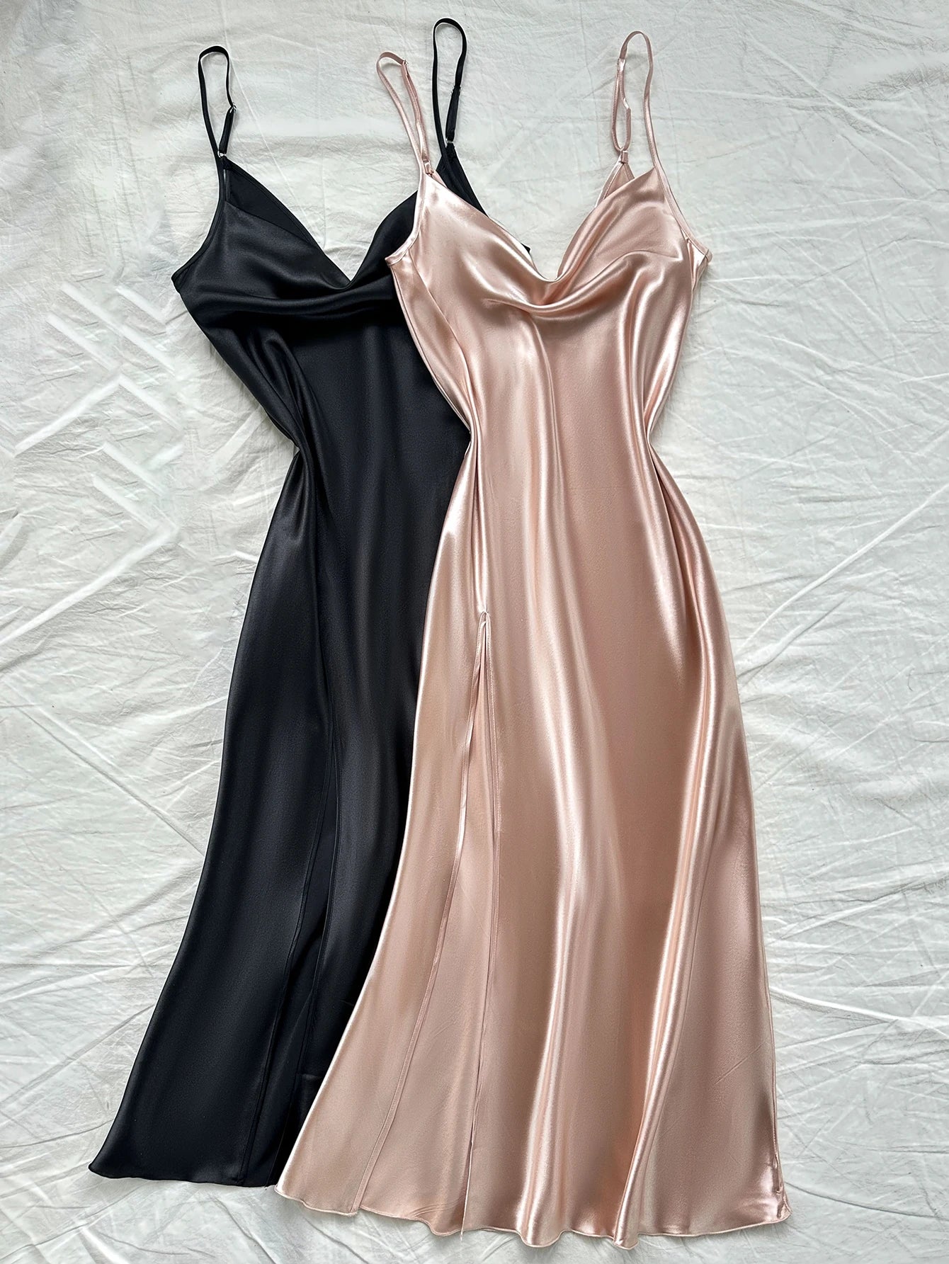2 Piece Women's Nightgown Set Cowl Neck Spaghetti Strap Long Side Slit Pajamas Solid Color Elegant Dress