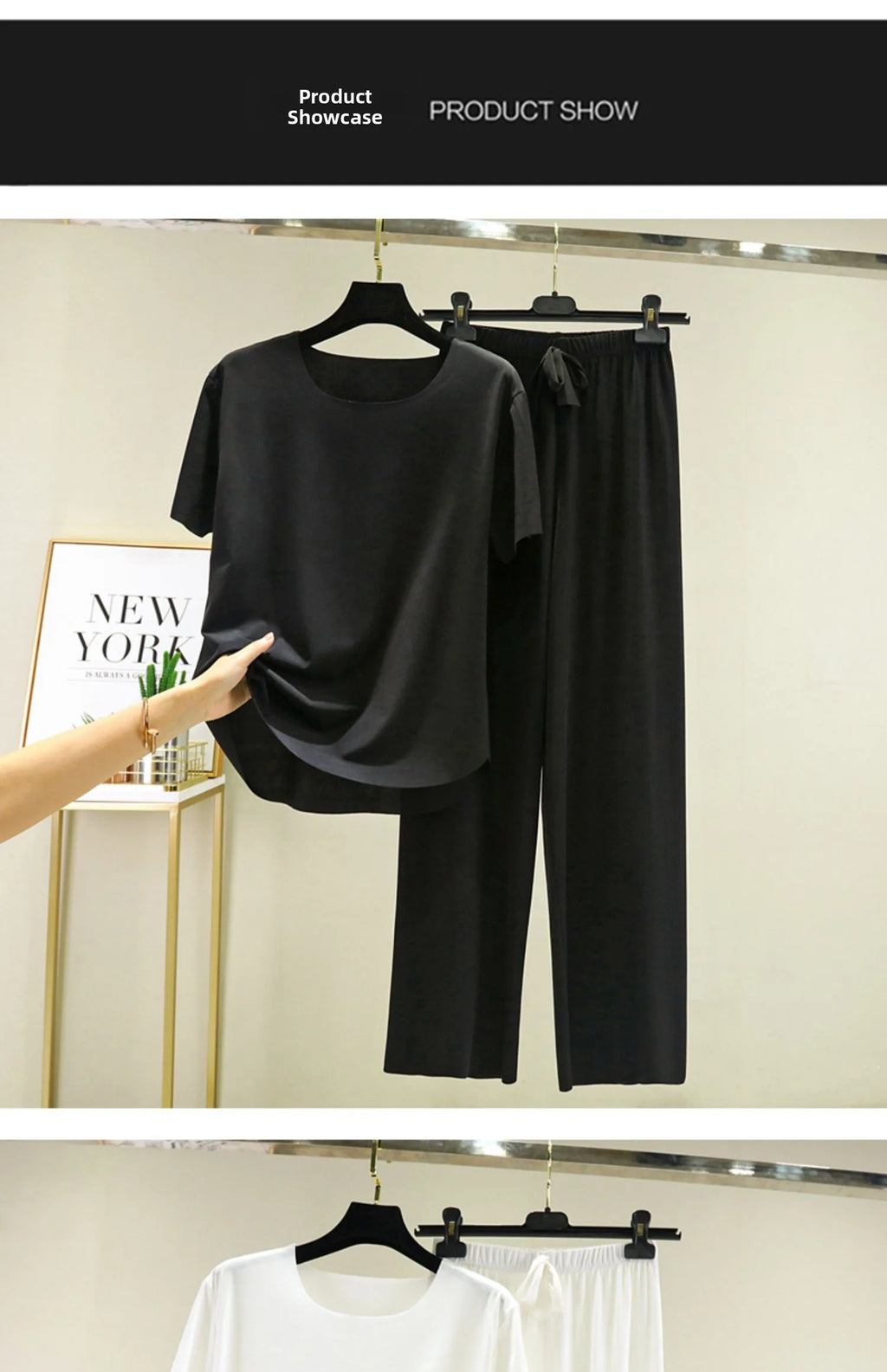 Women's Ice Silk Two-Piece Set - Round Neck T-Shirt and Loose Pants