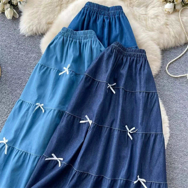 Karofi Vintage Cotton Layered Denim Skirt Women Elastic High Waist Bow Detail Flowy Long Casual A Line Long Midi Skirt