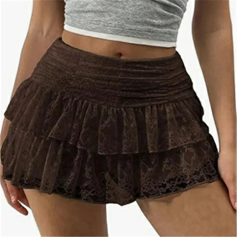 Ladies Cute Ruffle Bloomer Skirt Summer Floral Lace High Rise Tiered Flowy Mini A Line Skirt