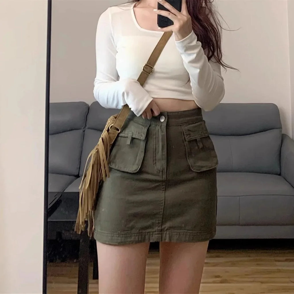 American Retro Workwear Mini Skirt A-Line Design plus Size High Waist Slimming Denim Half-length Skirts for Women