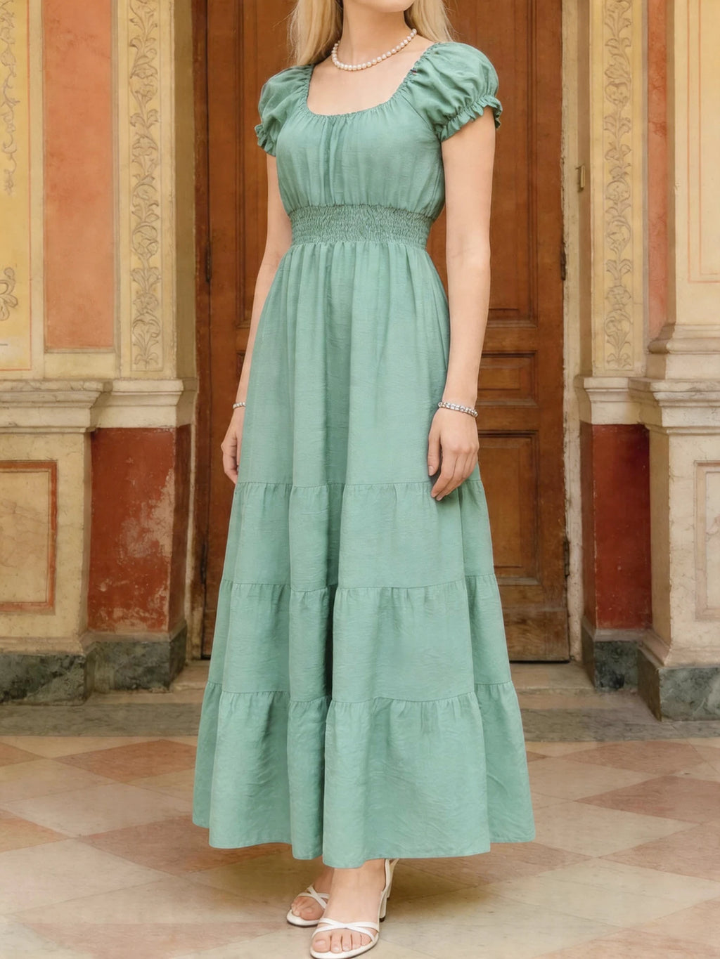 Multi-Color Casual Solid Square Neck Bubble Sleeve Elastic Waist Tiered Flowy Maxi Dress For Women