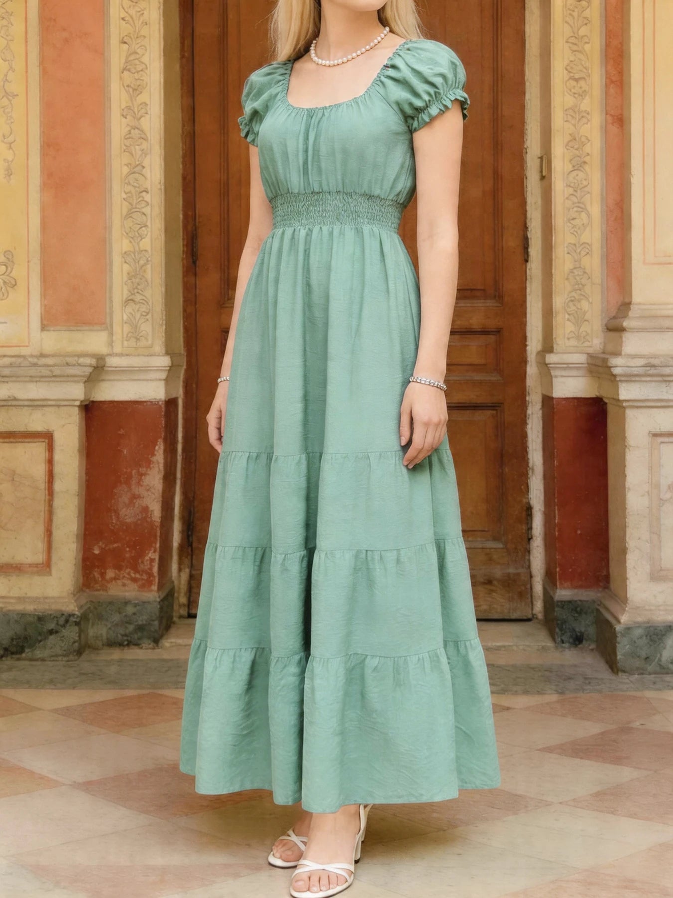 Multi-Color Casual Solid Square Neck Bubble Sleeve Elastic Waist Tiered Flowy Maxi Dress For Women