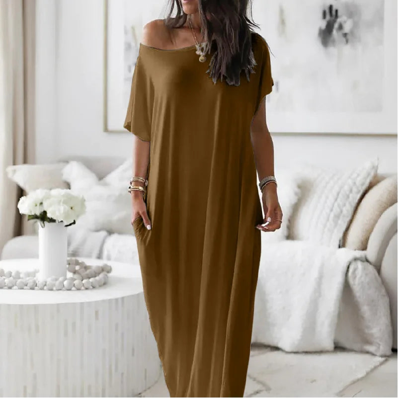 Casual Pure Color Short Sleeve Long Dress Women's Summer New Style Cross-Border TK Loose Waist Milk Fiber Straight Cut Dress