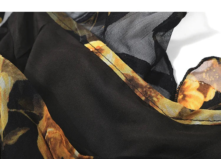 Summer 2026 Women's Long Sleeveless Dress Halter Neck Print Gauze Edge Split Fashionable Slim Fit Street Style High Waist