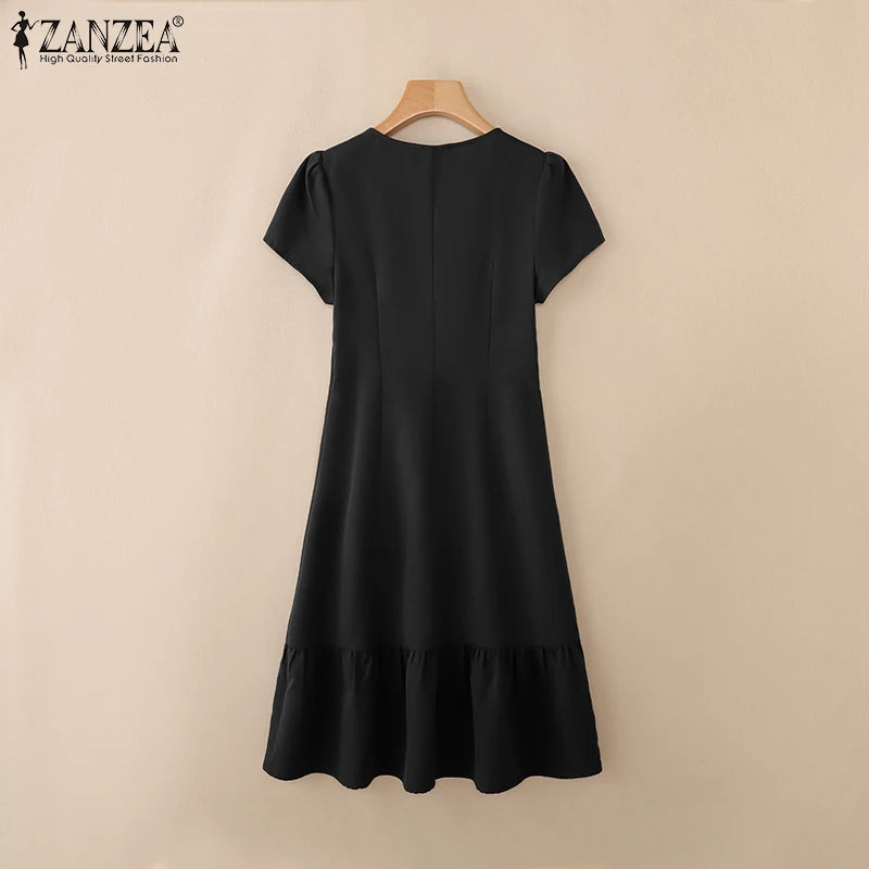 Stylish Summer Dress 2025 ZANZEA Women Elegant V-Neck Midi Dresses Office Work Sundress Short Sleeve Solid Buttons Vestidos Robe
