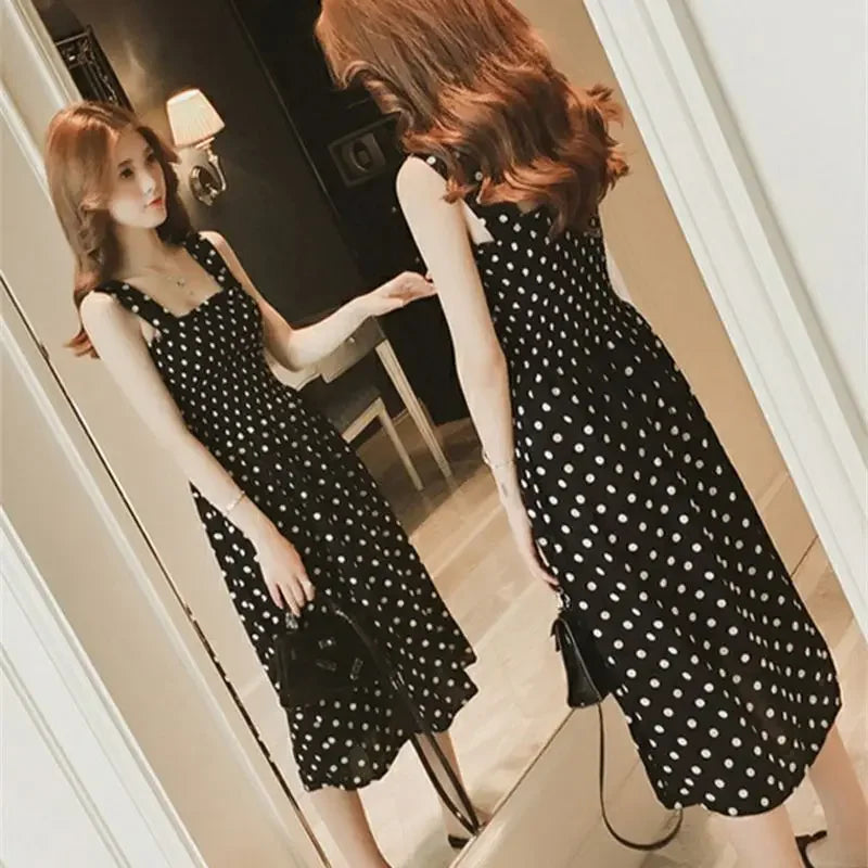 Women's Polka Dot Chiffon Maxi Dress – Elegant Square Neck Sleeveless Summer Dress