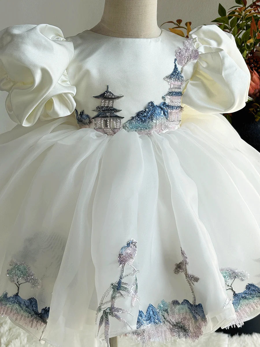 Dreamy Vow D228 Luxury Embroidery Flower Girl Dress Knee Length Princess Kids Gown for Wedding Birthday Festival Party Pageant