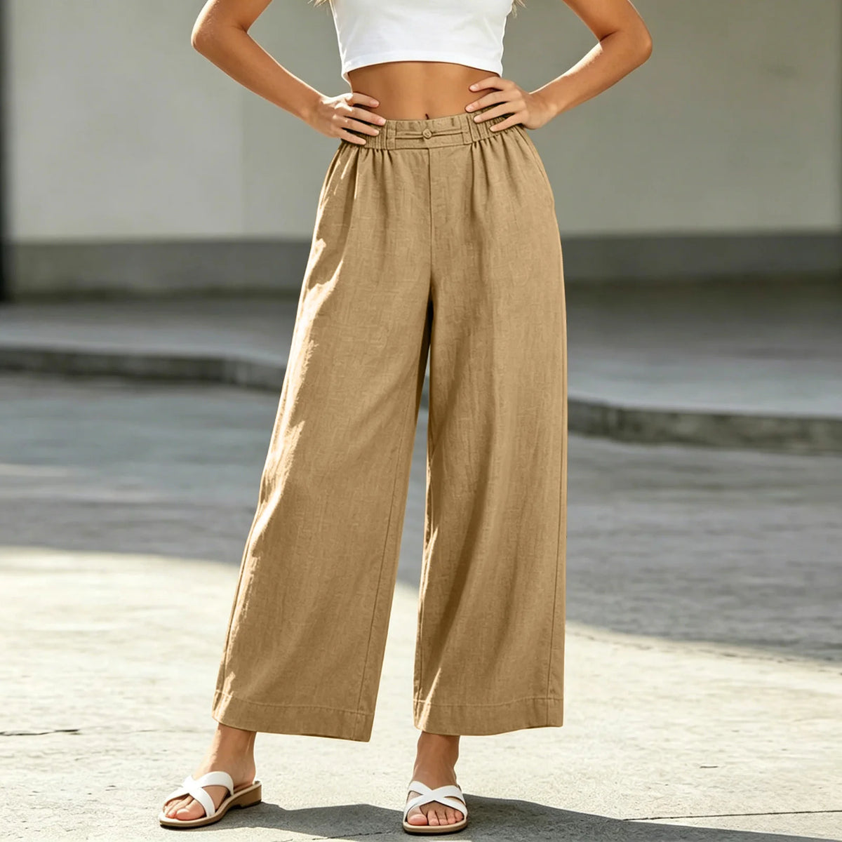 Women's Cotton Linen Blend Wide Leg Palazzo Pants with Pockets