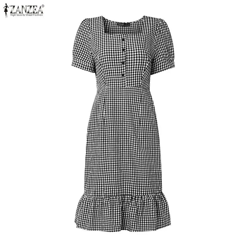 Woman Vintage Suqare Neck Gingham Knee-Length Dress Casual Puff Sleeves Ruffled Hem Dresses ZANZEA Summer Daily Wear Vestidos