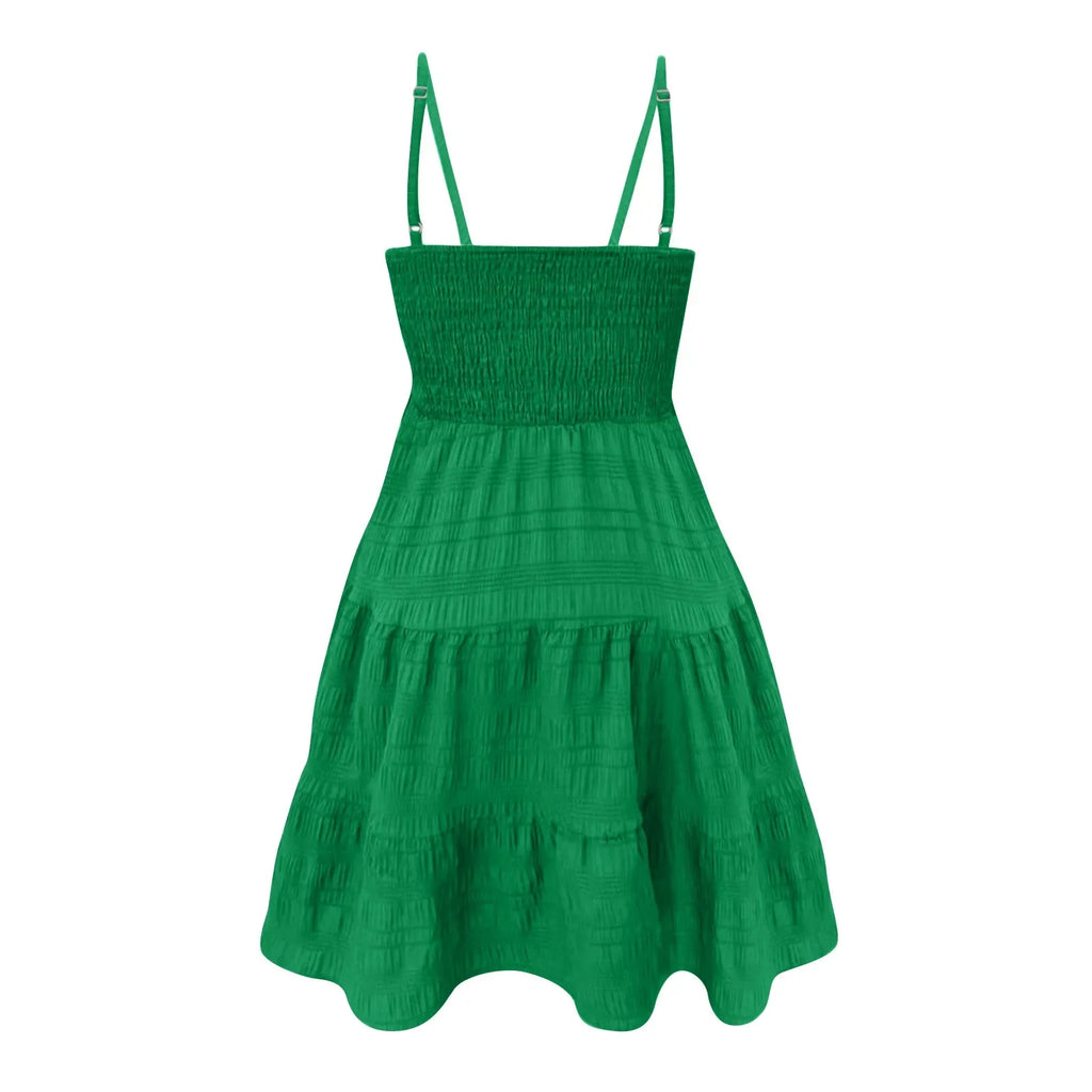 Bohemian Beach Sundress Women Sexy Sleeveless Backless Big Swing Mini Dress Solid Spaghetti Strap Ruffles Dress Summer Vestidos