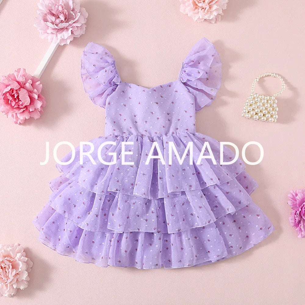 Girls Floral Embroidery Layered Princess Dress | Summer Mesh Sundress