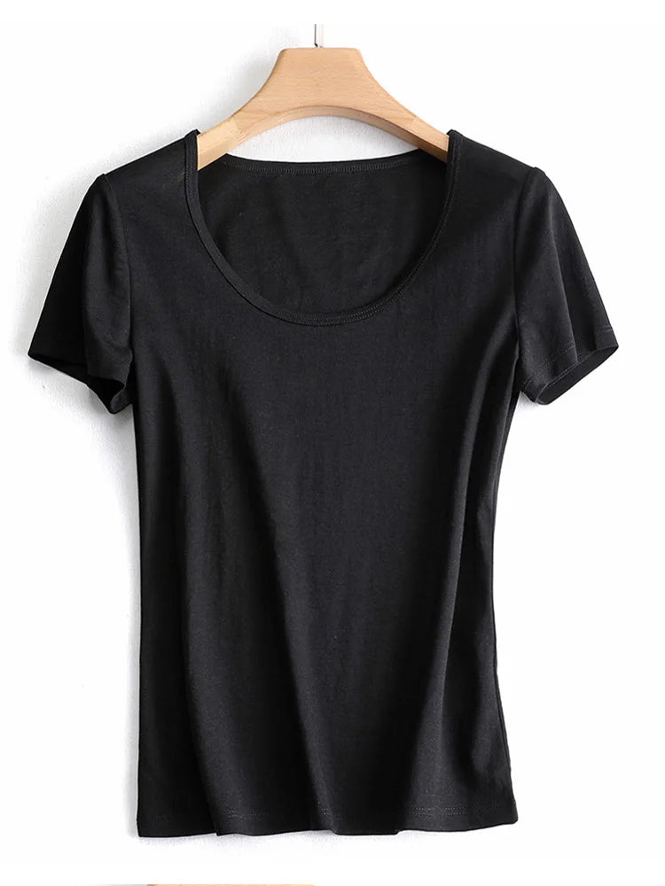 SuyaDream Women's Silk Acetate Blend Knit T-Shirt - Square Collar