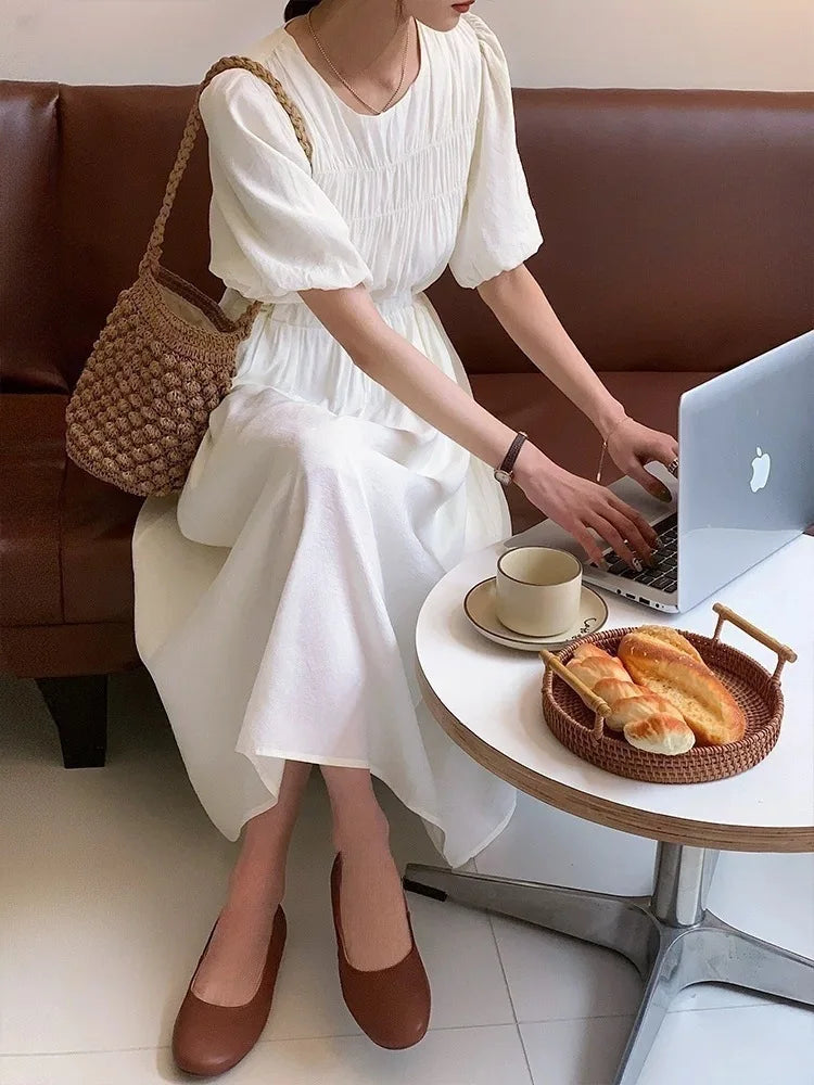 Temperament Dress 2025 Summer Korean Edition Reduced Age Bubble Sleeve Hundred Fold Waist Long Dress