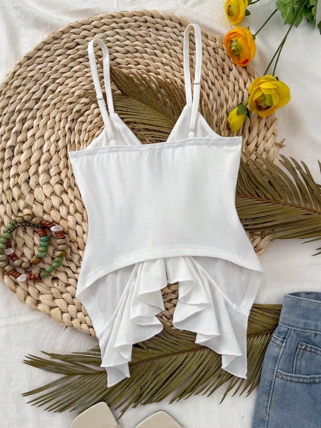 Women Thin Spaghetti Strap Deep V Front Self Tie Ruffle Hem Slim Crop Camisole 2026 Summer Y2K Solid White Sleeveless Going Out